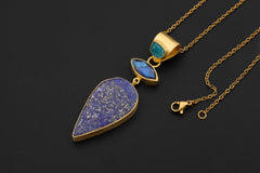 Apatite Labradorite Lapis Lazuli Pendant 18K Gold Plated 925 Silver, Brushed Textured Statement Crystal Jewelry, Blue Chakra Healing Gift