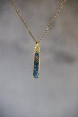 Australian Ocean Kyanite Pendant, 925 Silver, 18K Gold Plated, Raw Long Bar Necklace, Sand Textured Finish, Pisces Healing Jewelry