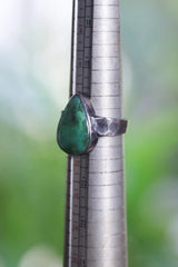 Chrysoprase Teardrop Ring, Hammered 925 Silver, Oxidized Gemstone Jewelry, Size 11