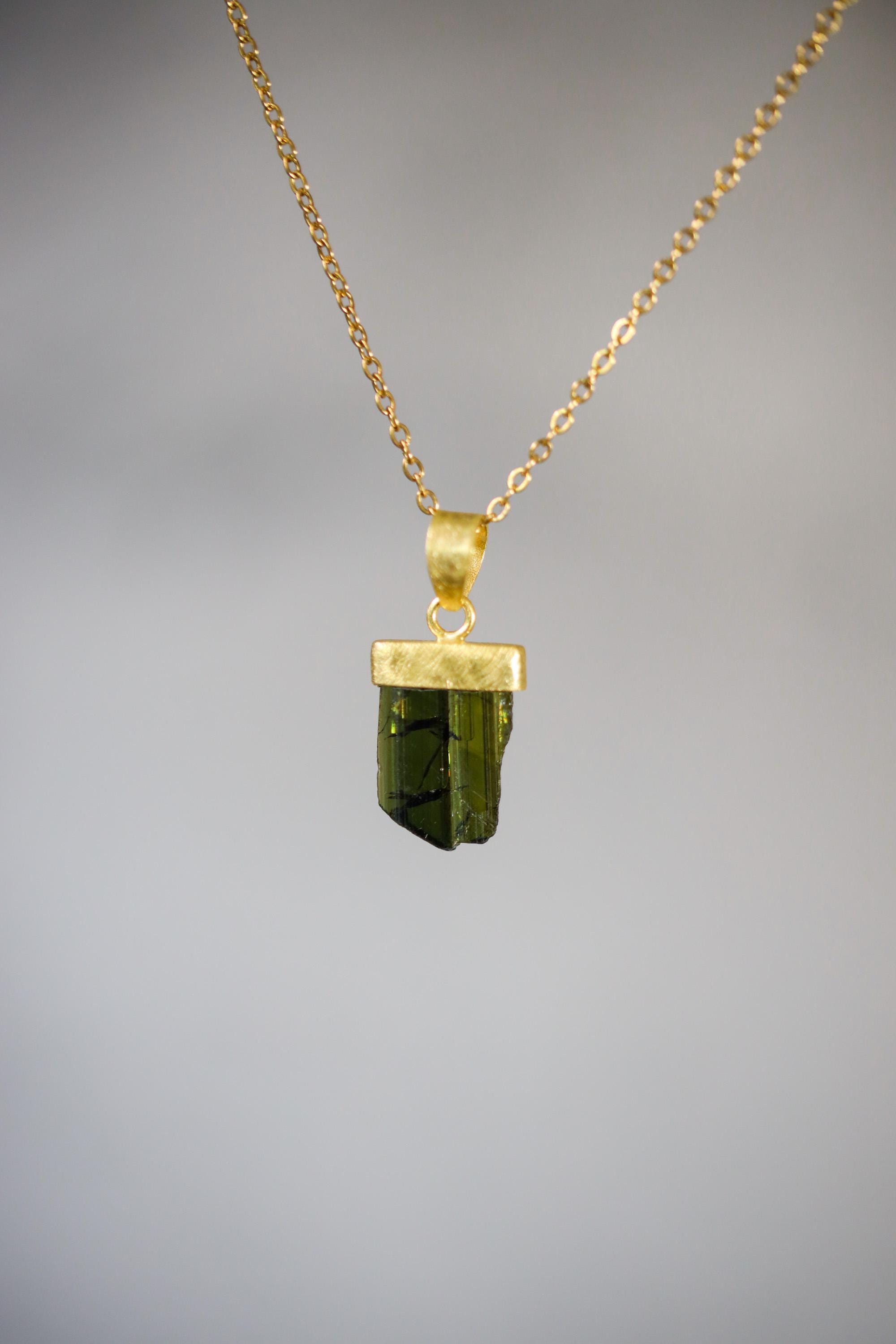Raw Green Tourmaline Pendant, 925 Silver, 18K Gold Plated, Triangular Bail, Brushed Texture Finish, Heart Chakra Crystal Jewelry