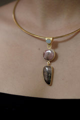 Australian Opal Rhodochrosite Rutilated Quartz Pendant 18K Gold Plated 925 Silver, Brushed Textured, Crystal Jewelry, Handmade Talisman Gift