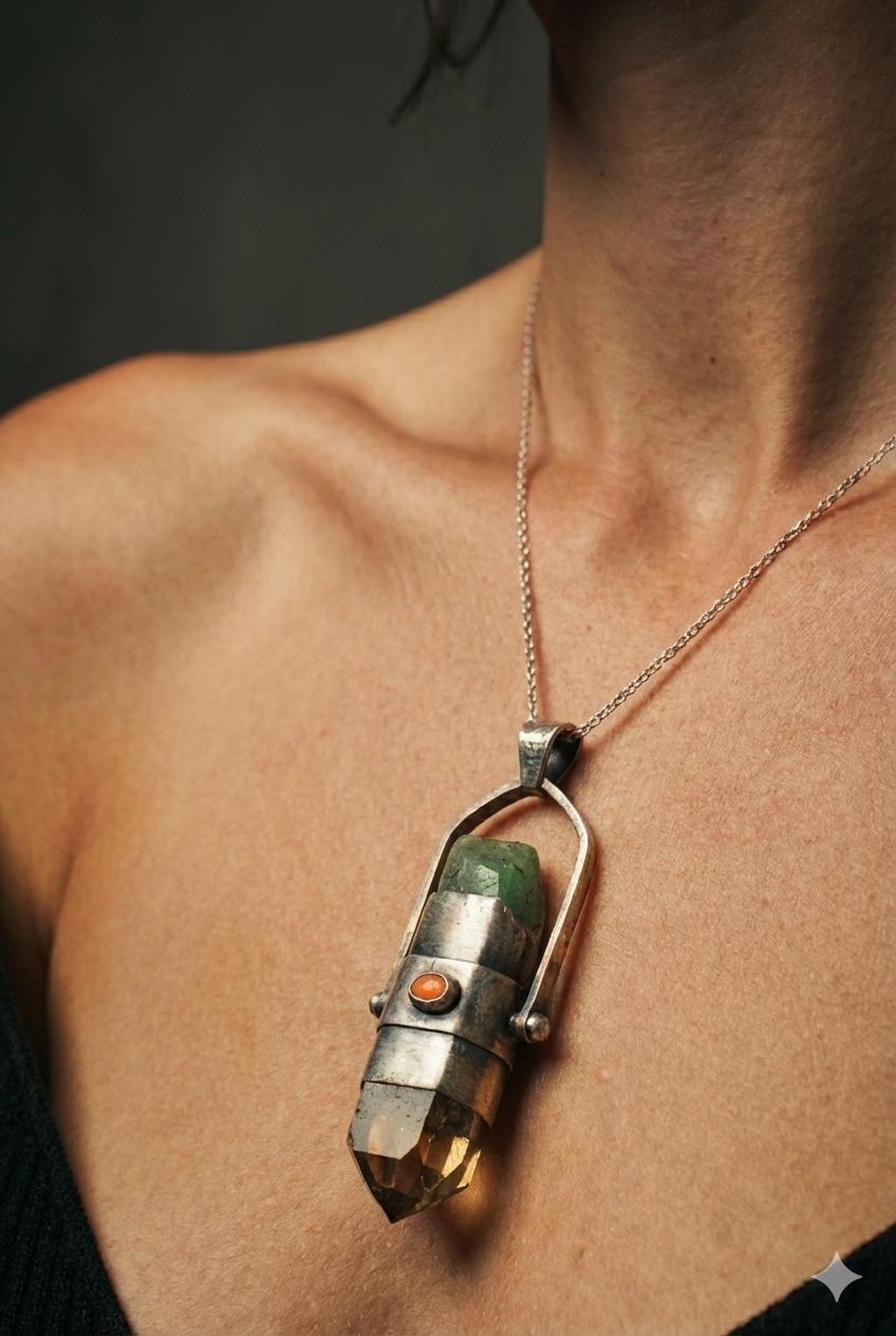 Large oxidized sterling silver spinner pendant shown worn on a model, with Australian Emerald, Phantom Chlorite Quartz, Opal, and Blue Tourmaline.