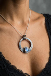 Hammered Oxidized Sterling Silver Moonstone Crescent Pendant: Cancer Zodiac