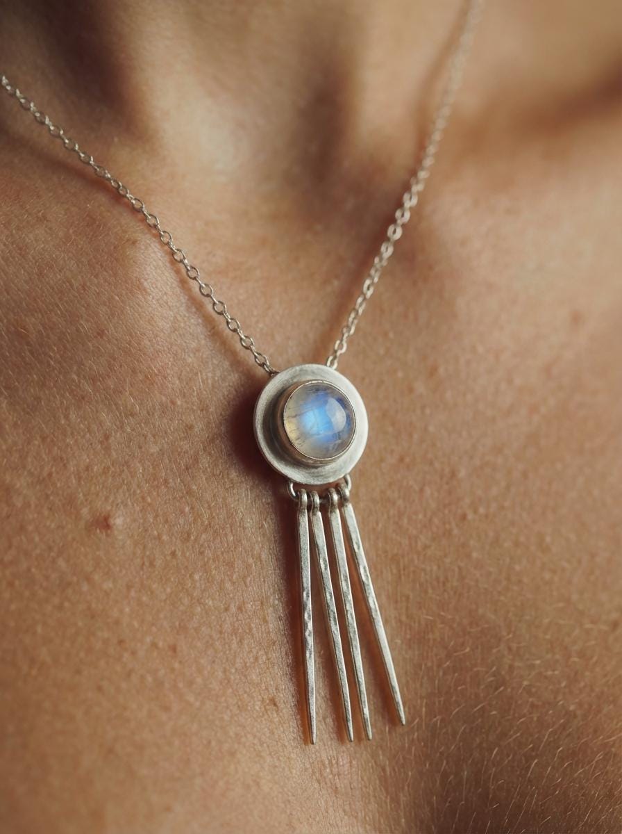 Hammered Sterling Silver Blue Moonstone Pendant: Artisan Crafted