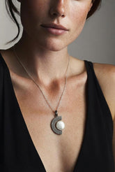 Oxidized Sterling Silver Pearl Pendant Necklace: Criss Cross Texture, Crown Chakra