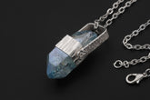 Aqua Aura Quartz Point Pendant, Sterling Silver Hammered Wrap