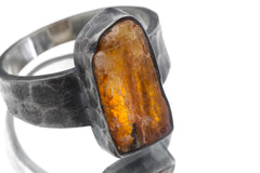 Raw Orange Kyanite Ring, Oxidized 925 Silver Hammered Band, Men's Jewelry