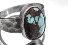 Old World Tibetan Turquoise Oval Cabochon from Trade Bead Ring Size 11 925 Silver Hammered Band Oxidised Finish Raw Men’s Jewelry