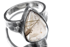 Close-up of teardrop Smoky Quartz Golden Rutile ring showing golden needle inclusions and oxidized silver bezel.