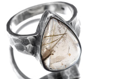 Close-up of teardrop Smoky Quartz Golden Rutile ring showing golden needle inclusions and oxidized silver bezel.