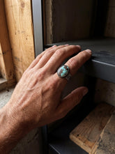 Old World Tibetan Turquoise Oval Cabochon from Trade Bead Ring Size 11 925 Silver Hammered Band Oxidised Finish Raw Men’s Jewelry