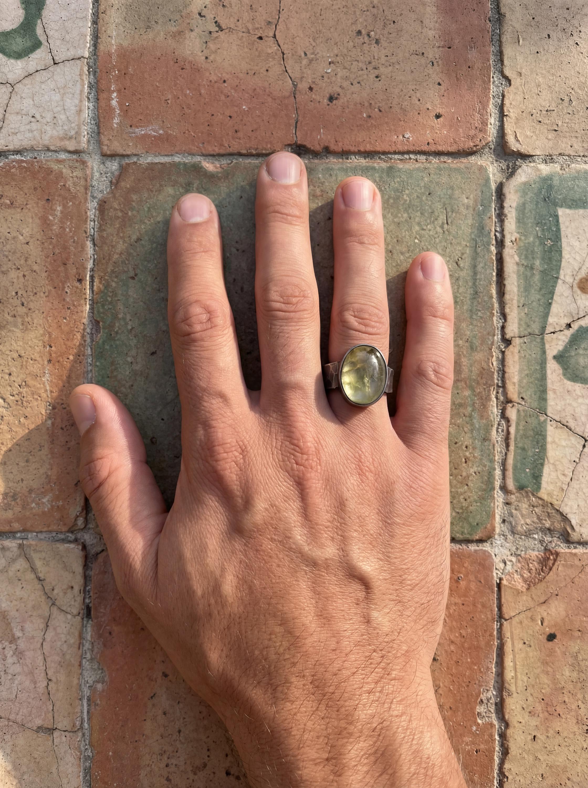 Australian Prehnite Ring, Hammered Oxidized 925 Silver Band, Mens Size 11