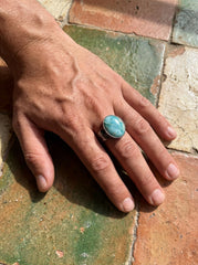 Larimar Cabochon Ring, Hammered Oxidized 925 Silver, Men's Size 10