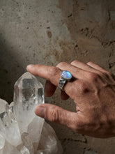 Blue Moonstone Ring, Hammered Oxidized 925 Sterling Silver, Size 8