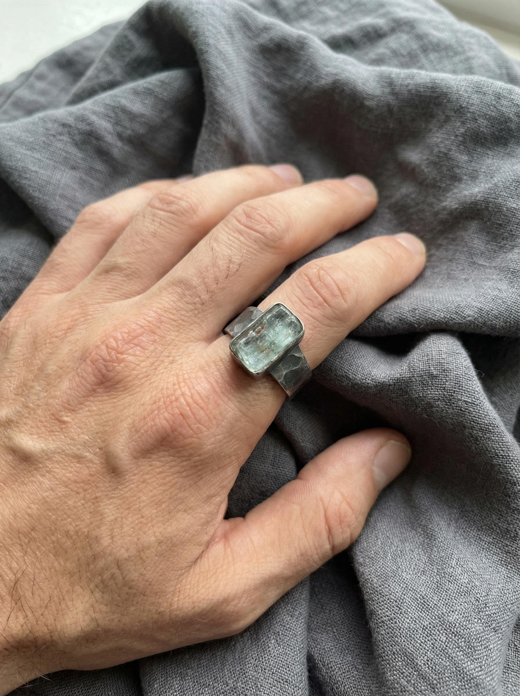 Australian Aquamarine Ring, Size 9, Hammered Oxidized 925 Silver