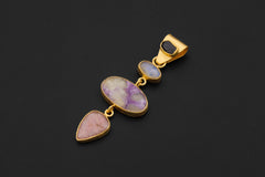 Sapphire Moonstone Charoite Rhodochrosite Pendant 18K Gold Plated 3 Micron, 925 Silver, Spiritual Jewelry, Heart & Crown Chakra Energy