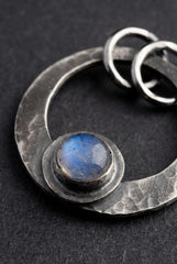 Hammered Oxidized Sterling Silver Moonstone Crescent Pendant: Cancer Zodiac