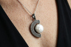 Oxidized Sterling Silver Pearl Pendant Necklace: Criss Cross Texture, Crown Chakra