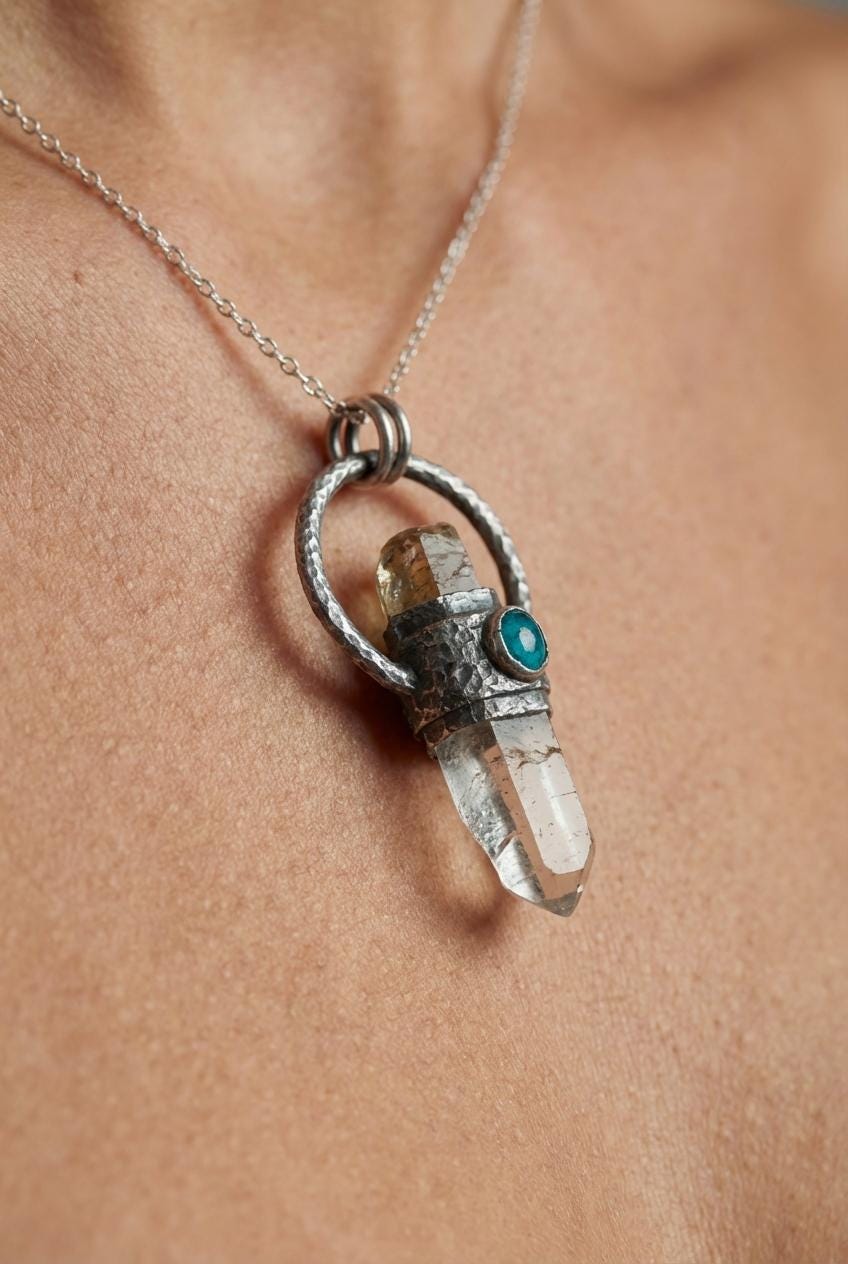 Oxidized Sterling Silver Tourmaline Emerald Quartz Pendant: Chakra Healing Necklace