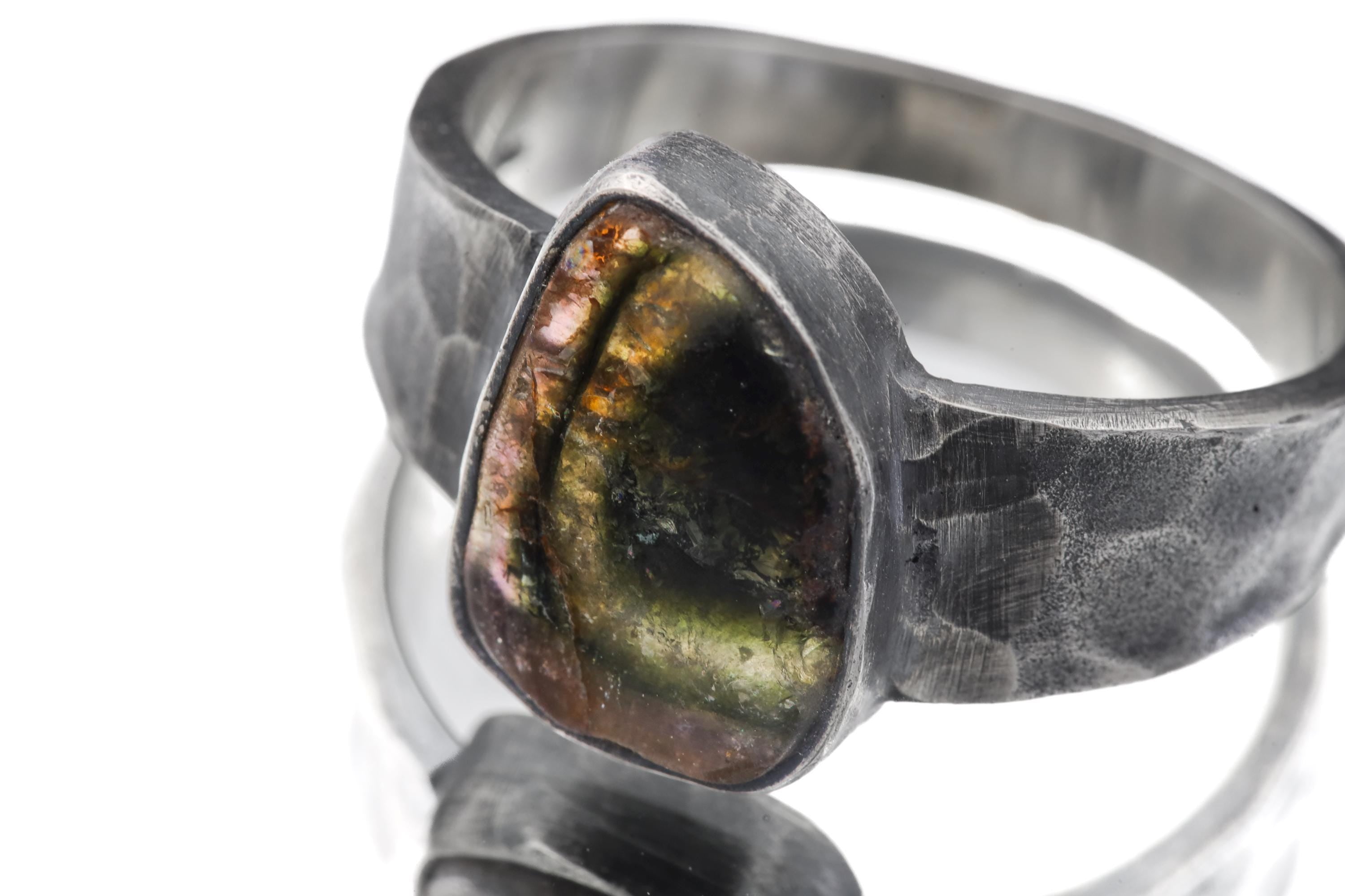 Oxidized Hammered Silver Ring: Natural Watermelon Tourmaline Slice