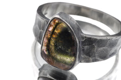 Oxidized Hammered Silver Ring: Natural Watermelon Tourmaline Slice