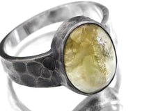 Australian Prehnite Ring 925 Silver Oval Cabochon Hammered Oxidised Band Mens Crystal Ring Heart Chakra Zodiac Healing Stone Jewelry