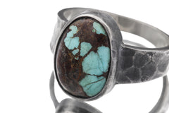 Old World Tibetan Turquoise Oval Cabochon from Trade Bead Ring Size 11 925 Silver Hammered Band Oxidised Finish Raw Men’s Jewelry