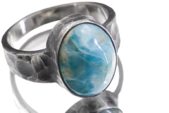 Larimar Cabochon Ring, Hammered Oxidized 925 Silver, Men's Size 10