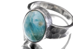 AAA Grade Larimar Pectolite Dolphin Stone Oval Cabochon Ring 925 Silver Hammered Oxidized Men’s Ring Size 10 Throat Chakra Energy Jewelry