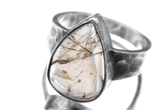 Close-up of teardrop Smoky Quartz Golden Rutile ring showing golden needle inclusions and oxidized silver bezel.