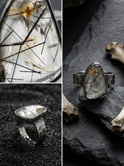 Rutilated Quartz Ring 925 Sterling Silver Mens Size 12 Black Rutile Inclusion Statement Jewelry Gift, Size 12