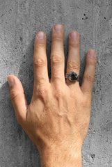 Green Tourmaline Slice Ring, Oxidized Sterling Silver Hammered Band, Men's Size 10