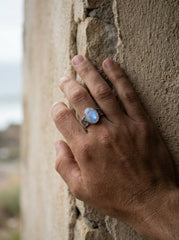 Blue Moonstone Ring, Hammered Oxidized 925 Sterling Silver, Size 8