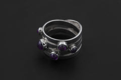 Amethyst Unity Ring 925 Sterling Silver Five Stone Cabochon Ring High Shine Statement Jewelry Crown Chakra Gift size 6 US