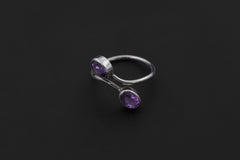 Twin Amethyst Ring Sterling Silver Adjustable Open Band Faceted Oval Purple Quartz Pisces Aquarius Gift