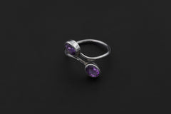 Twin Amethyst Ring Sterling Silver Adjustable Open Band Faceted Oval Purple Quartz Pisces Aquarius Gift