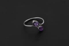 Twin Amethyst Ring Sterling Silver Adjustable Open Band Faceted Oval Purple Quartz Pisces Aquarius Gift