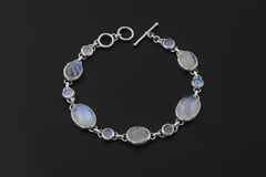 Rainbow Moonstone Bracelet Sterling Silver Bezel Set Oval Round Stones Blue Adularescence Lunar Talisman Gift