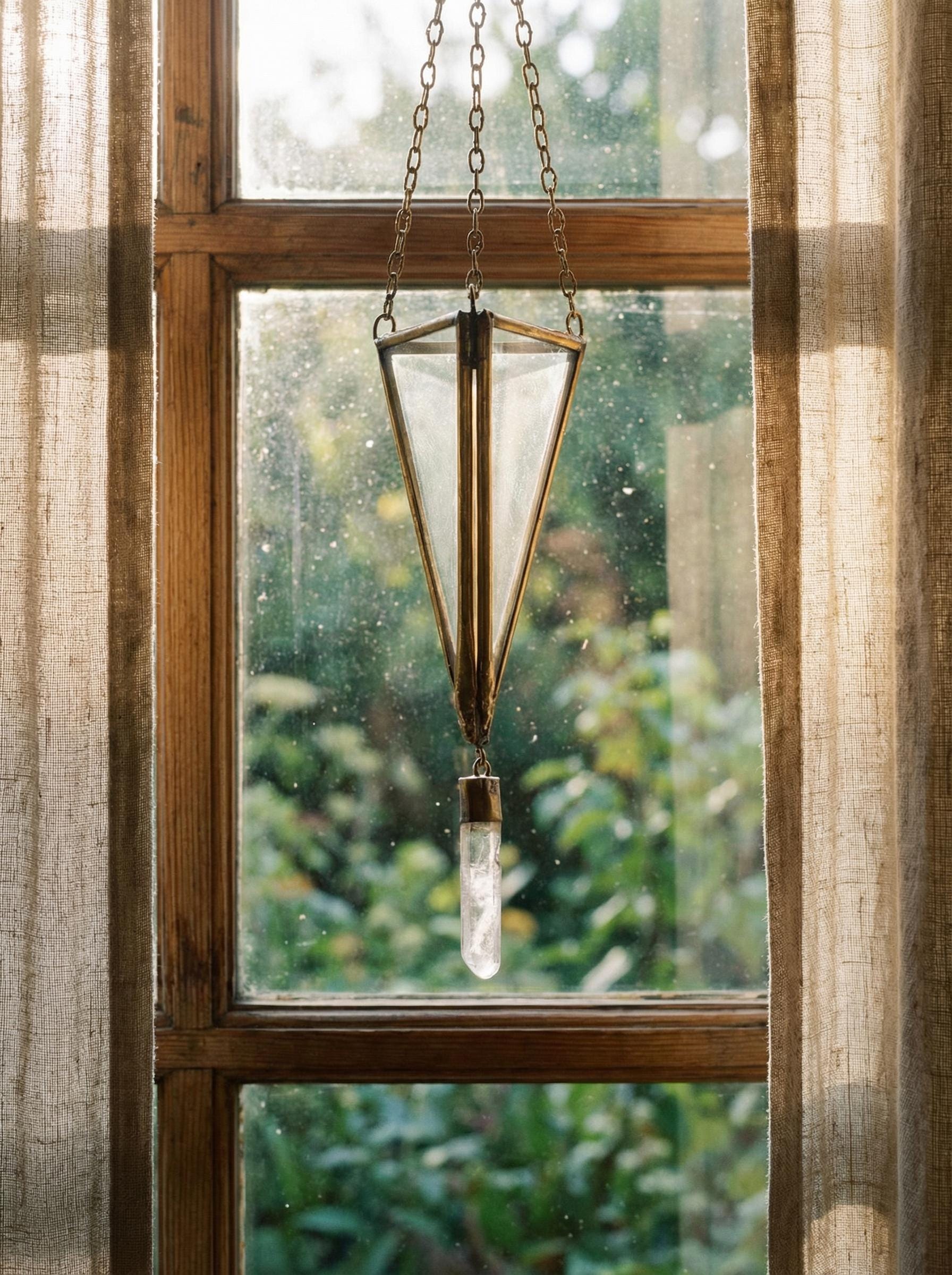 Brass Triangle Quartz hanging decoration shown in a window with Clear Quartz point and geometric glass prism frame.