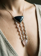 Tanzanite Rose Quartz cascade necklace shown worn on a model, with sterling silver chain and soft pink gemstone strands.