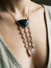 Tanzanite Rose Quartz Sterling Silver Pendant: Cascading Gemstone Necklace