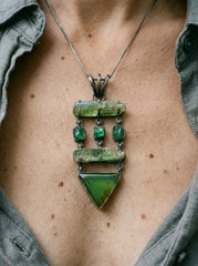 Green Kyanite Emerald Chrysoprase pendant shown worn on the chest, with oxidized 925 silver and Heart Chakra stone layout.