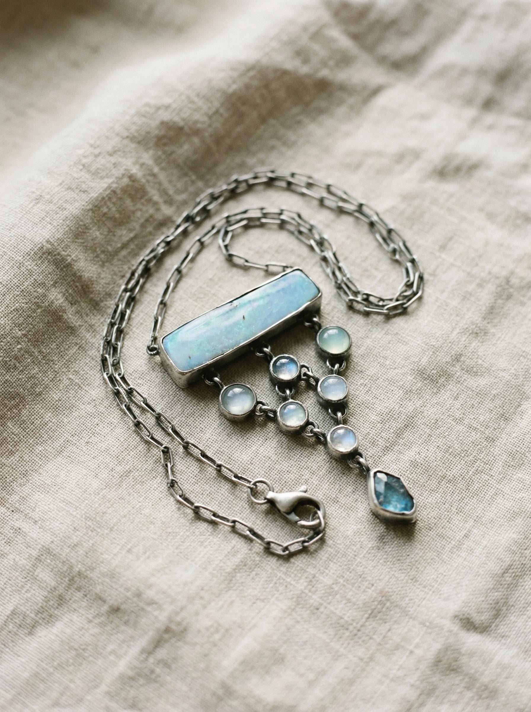Opal Aquamarine Apatite Necklace: Sterling Silver Gemstone Pendant