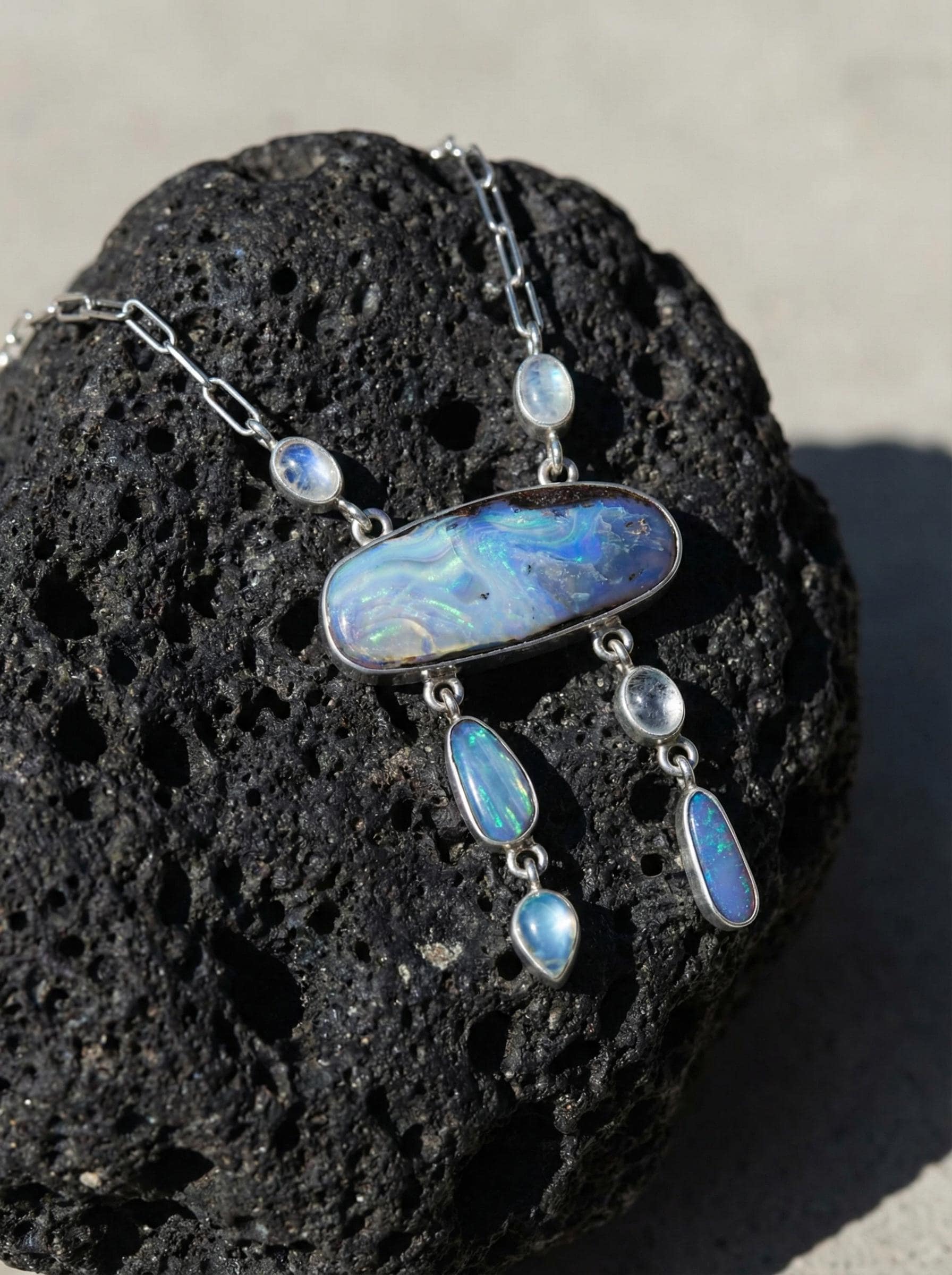 Boulder Opal Moonstone Pendant: Sterling Silver Galactic Jewelry