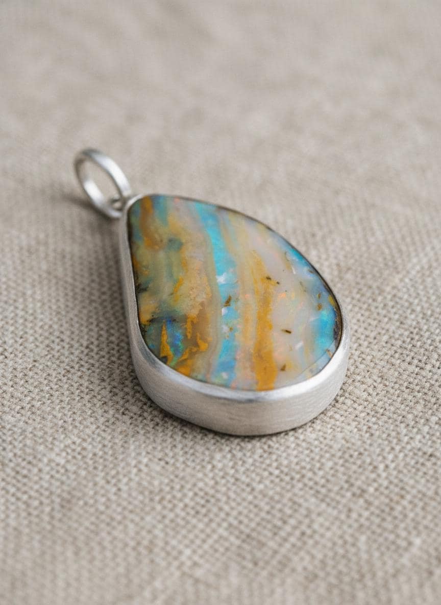 Lightning Ridge Boulder Opal pendant on linen with textured sterling silver bezel, freeform opal shape, and soft spectral colour play.