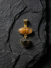 Golden Rutile & Dravite Brown Tourmaline Pendant, 18K Gold Plated 925 Silver, Brushed Textured Talisman, Chakra Energy, Handmade Jewelry