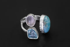 Larimar Apatite Moonstone Ring, 925 Silver Adjustable Triple Stone