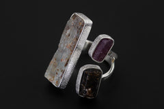 Raw Aquamarine Ruby Brown Tourmaline Ring Sterling Silver Open Band Grounding Vitality Crystal Jewelry Gift