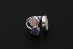 Hammered Sterling Silver Multi Stone Ring: Pearl, Amethyst, Rose Quartz Calm Clarity Jewelry