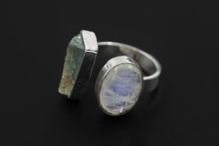 Raw Aquamarine Moonstone Ring, Hammered Sterling Silver Statement Jewelry